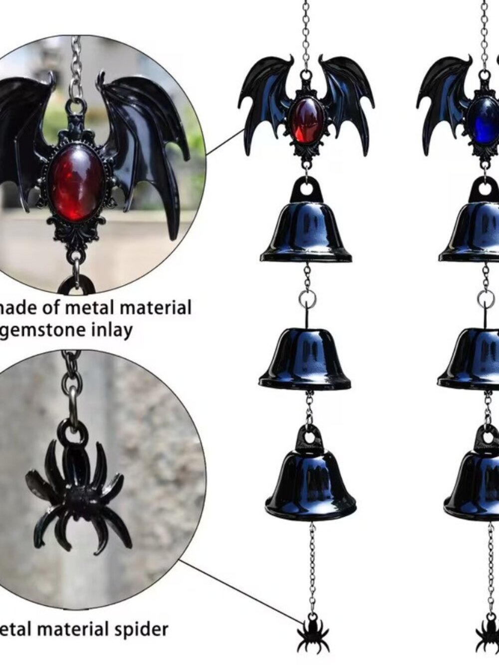 Gothic Bat Wing Wind Chime w Black Metal Bell w Ruby Pendant 16.5"L - Picture 2 of 2